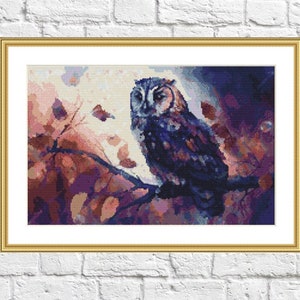 Eulen Vogel Aquarell PDF Kreuzstichvorlage Fantasie Vögel Digitale Kreuzstichvorlage moderne Eule Kreuzstichvorlage