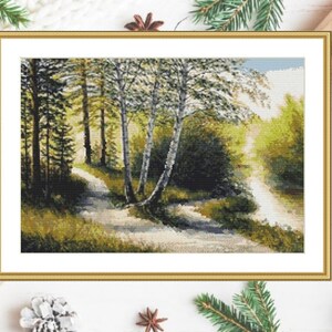 Herfst landschap PDF geteld kruissteekpatroon landschap herfst Digitale kruissteekkaart herfst seizoen PDF xstitch patroon direct downloaden