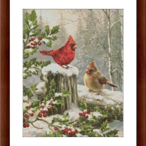 Weihnachten Rot Cardinal Vögel PDF Kreuzstichmuster Urlaub Digitale Kreuzstichvorlage modernes Weihnachtsrotkehlchen Kreuzstichmuster