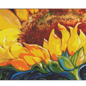 Aquarel zonnebloemen pdf geteld kruissteekpatroon bloem digitale x-stekentabel stilleven kruissteekpatroon vintage bloemenboeket
