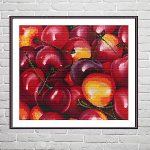 Cherry 3D cross stitch pattern pdf still life Digital cross stitch chart modern Still life berry cross stitch pattern modern still life