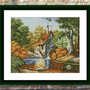 Autumn cottage Counted cross stitch pdf pattern village cottage Digital cross stitch chart fall cross stitch pattern instant download