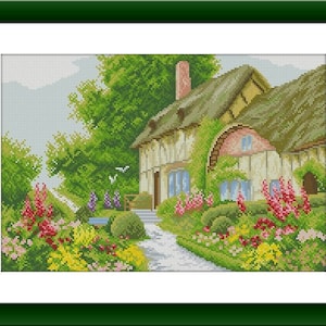 Beautiful cottage Counted cross stitch pdf pattern village cottage Digital cross stitch chart large cross stitch pattern instant download