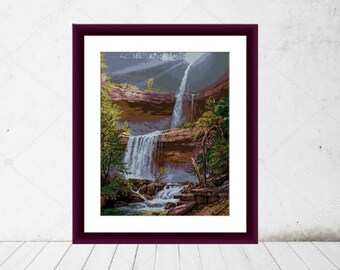 Waterfall landscape PDF Counted cross stitch pattern Forest Digital cross stitch chart woodland PDF cross stitch pattern instant download