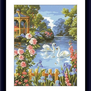 Swan Birds PDF Counted cross stitch pattern Country birds Digital cross stitch chart vintage landscape cross stitch pattern swan needlepoint