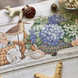 May include: Cross-stitch embroidery featuring a coastal theme. A basket of blue and white hydrangeas sits near seashells, starfish, and a bird figurine. The design includes a basket, sand dollar, and various shells.