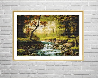 Waterfall landscape PDF Counted cross stitch pattern Forest Digital cross stitch chart woodland PDF cross stitch pattern instant download