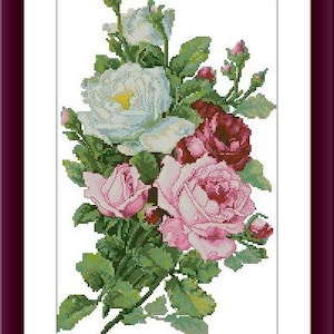 Zarte Rosen PDF Kreuzstichvorlage Rose Digital x Stichvorlage moderner Blumenstrauß Kreuzstichmuster Vintage Blumenstrauß