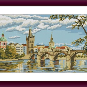 May include: A painting of a bridge over a river with buildings and a church in the background. The sky is blue with white clouds and there are trees on the banks of the river.