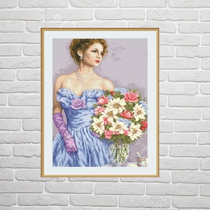 Lady Counted cross stitch pattern pdf Woman bouquet Digital cross stitch chart vintage pin up cross stitch pattern lady needlepoint