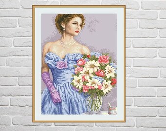 Lady Counted cross stitch pattern pdf Woman bouquet Digital cross stitch chart vintage pin up cross stitch pattern lady needlepoint