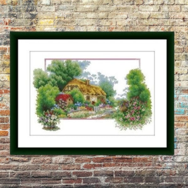 Spring cottage Counted cross stitch pdf pattern village cottage Digital cross stitch chart fall cross stitch pattern instant download