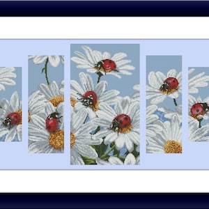 May include: A close-up of a cross-stitch embroidery depicting a cluster of white daisies with red ladybugs on them against a light blue background.
