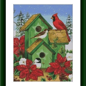 Casa de pájaros navideña, patrón de punto de cruz contado, pájaros cardenal rojos, gráfico de punto de cruz digital, patrón de punto de cruz moderno, bordado de pájaro