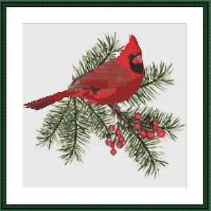 Weihnachten Rot Cardinal Vögel PDF Kreuzstichmuster Urlaub Digitale Kreuzstichvorlage modernes Weihnachtsrotkehlchen Kreuzstichmuster