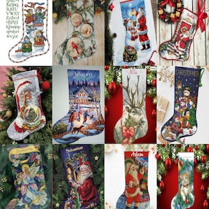 Peut inclure: Plusieurs bas de Noël ornés de motifs variés. Certains représentent le Père Noël, des bonhommes de neige et des scènes hivernales. D'autres sont personnalisés avec des noms tels que "Manuel", "Dima", "Leonid", "Bula", "Christopher", "Samantha", "Sebastian", et "Adem".