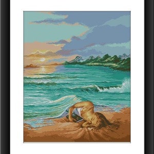 Mermaid Counted cross stitch pattern pdf Fairytale Digital cross stitch chart Sea prencess cross stitch pattern mermaid cross stitch