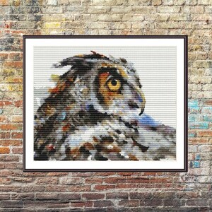 Graue Eule Vogel PDF Kreuzstichmuster Fantasie Vögel Digitale Kreuzstichvorlage moderne Eule Kreuzstichmuster