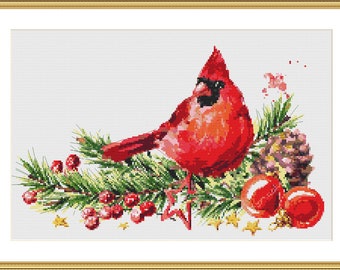 Winter Red Cardinal Birds PDF Counted cross stitch pattern Holiday Digital cross stitch chart modern christmas robin cross stitch pattern