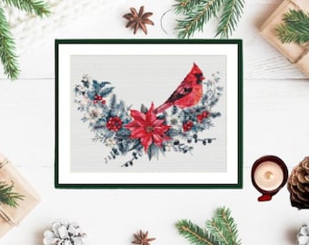 Winter Red Cardinal Birds PDF Counted cross stitch pattern Holiday Digital cross stitch chart modern christmas robin cross stitch pattern