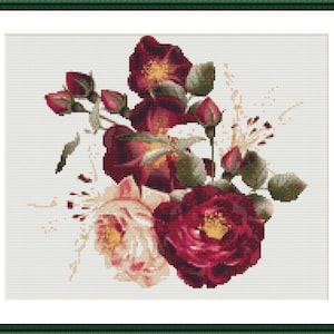Aquarell Rosen PDF Kreuzstichvorlage Vintage Blumenstrauß Kreuzstichmuster Stickmuster Vorlage Stickvorlage Stickbild Zählbild Stickerei