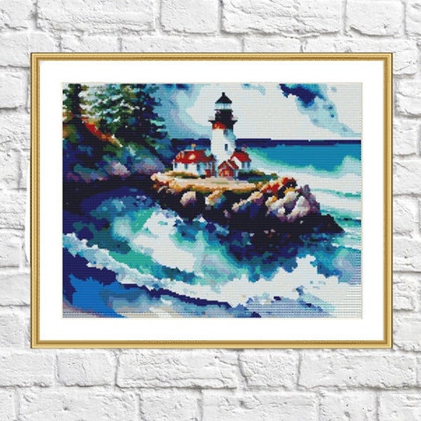 Watercolor Lighthouse PDF Counted cross stitch pattern Landscape Digital cross stitch chart seascape lighthouse PDF cross stitch pattern