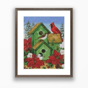 Casa de pájaros navideña, patrón de punto de cruz contado, pájaros cardenal rojos, gráfico de punto de cruz digital, patrón de punto de cruz moderno, bordado de pájaro