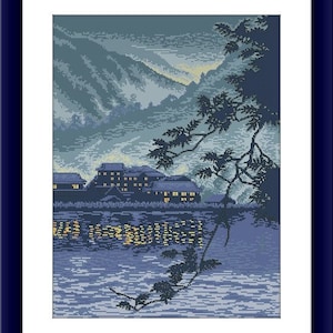 Lakeside landscape Counted cross stitch pdf pattern cottage Digital cross stitch chart city large cross stitch pattern instant download