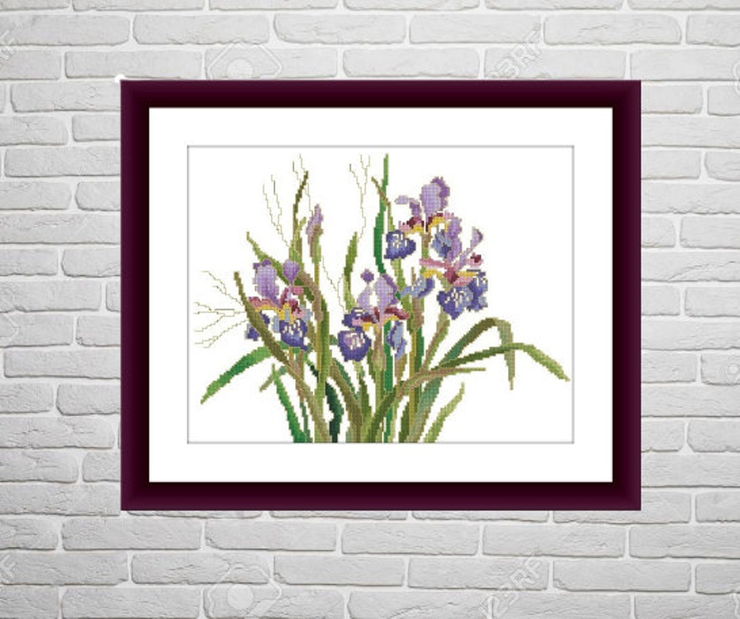 Blue Iris Flower PDF Counted Cross Stitch Pattern Watercolor Bouquet ...