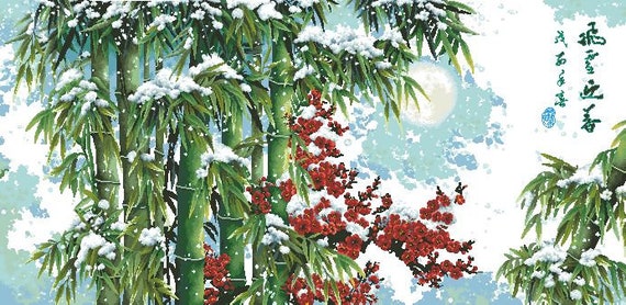 日本の竹と雪 クロスステッチの PDF パターン 日本の花 デジタル 日本の竹と雪 クロスステッチの PDF パターン 日本の花 デジタル
