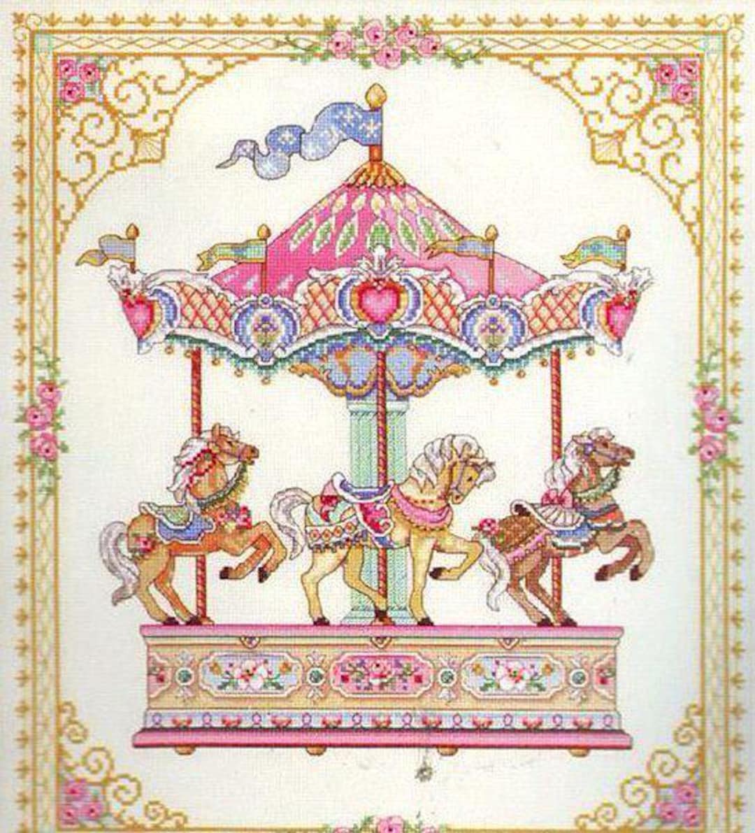 Carousel Needlepoint Antique Carousel PDF Counted Cross Stitch Pattern Flowers Digital Cross ...