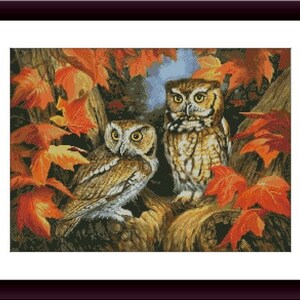 Eulen Vögel PDF Kreuzstichmuster Fantasie Vögel Digitale Kreuzstichvorlage Eulen Wald Vintage Kreuzstichmuster