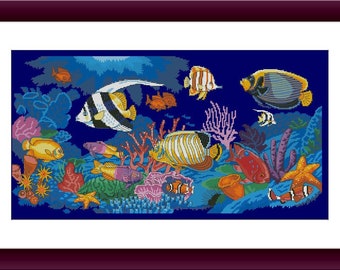 Aquarium PDF Counted cross stitch pattern under the water Digital cross stitch chart modern Turtle cross stitch pattern