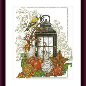 Autumn Garden PDF cross stitch pattern Flavours of autumn Digital cross stitch chart Lantern pumpkin cross stitch pattern