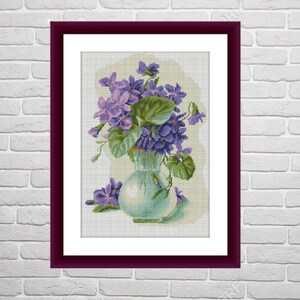 Flor violeta PDF Patrón de punto de cruz contado Moderno Gráfico de punto de cruz digital moderno Patrón de punto de cruz de naturaleza muerta iris xstitch