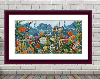 Aquarium PDF Counted cross stitch pattern under the water Digital cross stitch chart modern Turtle cross stitch pattern