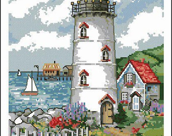 Scenic Lighthouse PDF Counted cross stitch pattern Landscape Digital cross stitch chart seascape lighthouse PDF cross stitch pattern