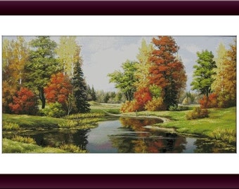 Paisaje de otoño PDF Patrón de punto de cruz contado Paisaje de otoño Gráfico de punto de cruz digital Temporada de otoño PDF Patrón xstitch descarga instantánea