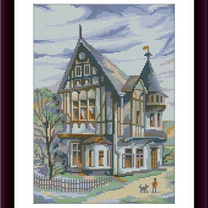 Beautiful cottage Counted cross stitch pdf pattern village cottage Digital cross stitch chart large cross stitch pattern instant download