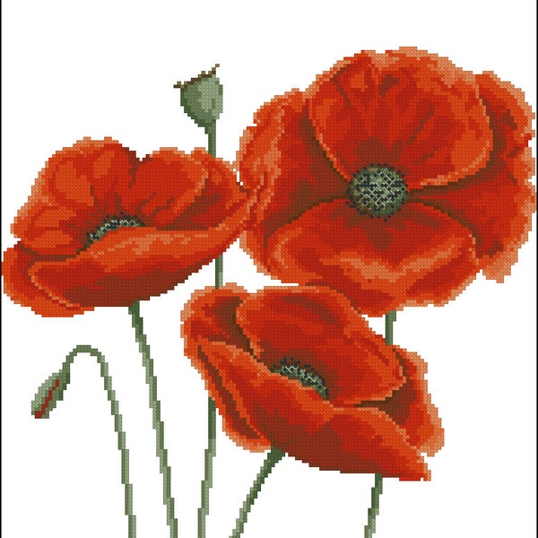 Bouquet de coquelicots rouges PDF Motif de point de croix compté Fleurs Tableau de point de croix numérique moderne Nature morte motif de point de croix coquelicots xstitch