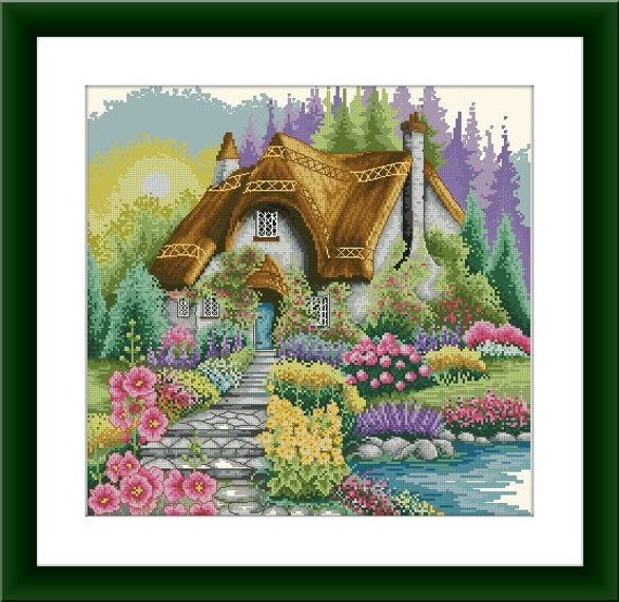 Lakeside Cottage Counted Cross Stitch Pattern Landscape Digital