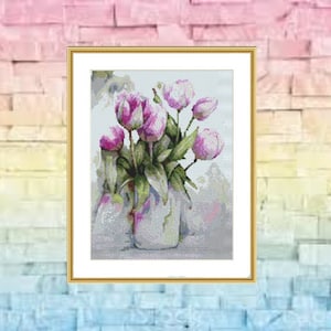 Bouquet de tulipes aquarelle PDF Motif de point de croix compté Fleurs Tableau de point de croix numérique moderne Nature morte motif de point de croix