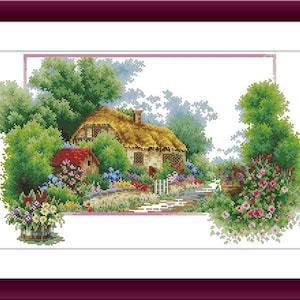 Summer cottage Counted cross stitch pdf pattern village cottage Digital cross stitch chart large cross stitch pattern instant download