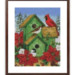 Casa de pájaros navideña, patrón de punto de cruz contado, pájaros cardenal rojos, gráfico de punto de cruz digital, patrón de punto de cruz moderno, bordado de pájaro