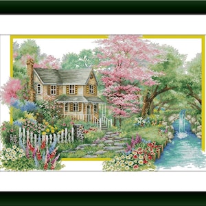 Garden cottage Counted cross stitch pdf pattern cottage Digital cross stitch chart city large cross stitch pattern instant download