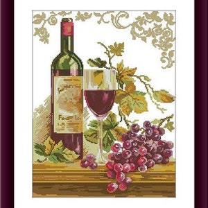 May include: A still life painting of a bottle of red wine, a glass of red wine, and grapes. The bottle is labeled "France".