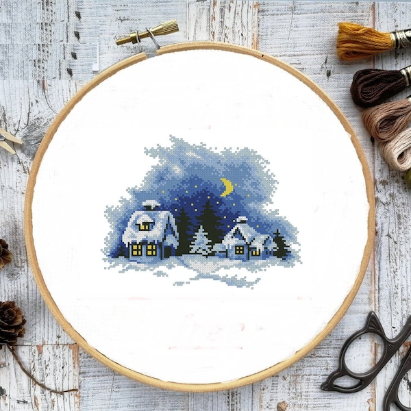 Winter night PDF Counted cross stitch pattern Christmas eve Digital cross stitch chart winter landscape PDF cross stitch pattern