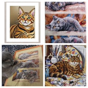 May include: Four images of cat-themed needlepoint art. One framed piece features a detailed tabby cat with green eyes. Other images show gray cats in various poses, including one interacting with a framed piece and another lying near an artist's palette.