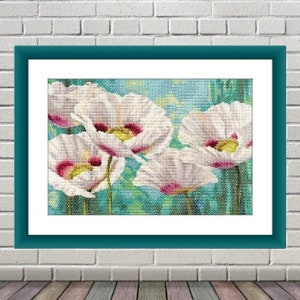 White poppies Bouquet PDF Counted cross stitch pattern Flowers Digital cross stitch chart modern Still life xstitch pattern poppies