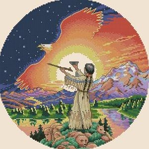 May include: A circular cross-stitch pattern depicting a person in fringed clothing standing on a hill, holding a pipe and a bowl toward a large sun. A giant eagle silhouette spans the sky above mountains, a river, and a forest landscape.